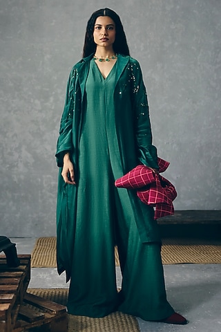 Green Silk Linen Dyed Jumpsuit With Jacket by Paulmi & Harsh