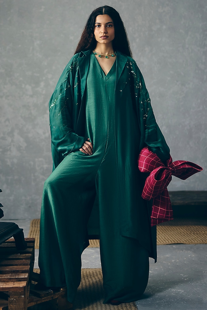 Green Silk Linen Dyed Jumpsuit With Jacket by Paulmi & Harsh at Pernia's Pop Up Shop
