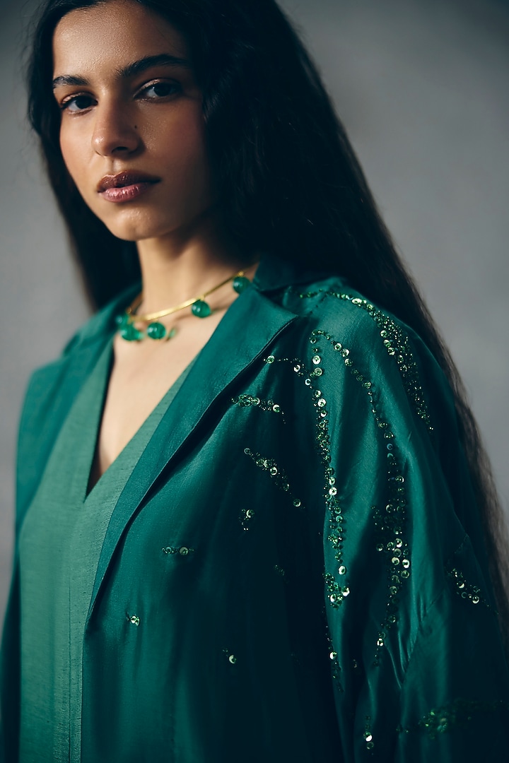 Green Silk Linen Dyed Jumpsuit With Jacket by Paulmi & Harsh at Pernia's Pop Up Shop