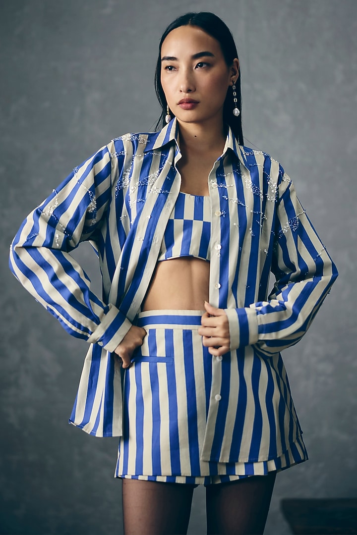 Blue & White Poplin Printed Co-Ord Set by Paulmi & Harsh at Pernia's Pop Up Shop