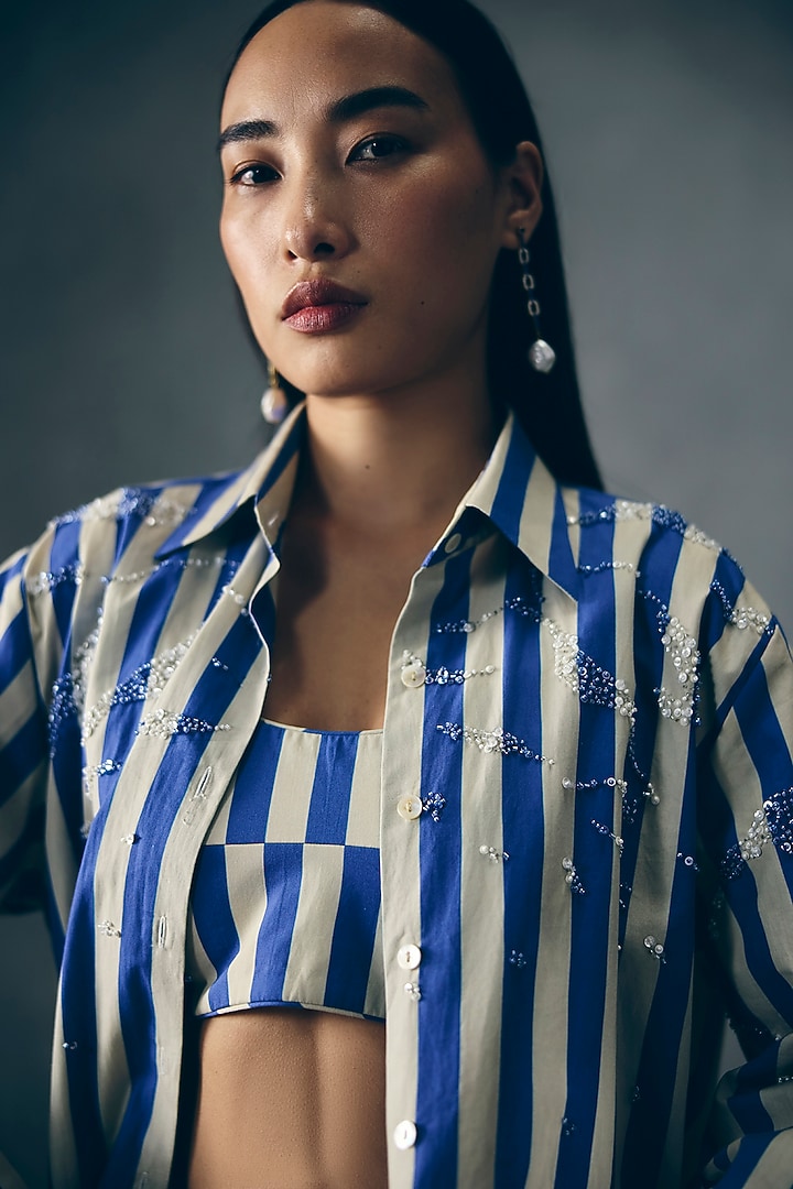 Blue & White Poplin Printed Co-Ord Set by Paulmi & Harsh at Pernia's Pop Up Shop