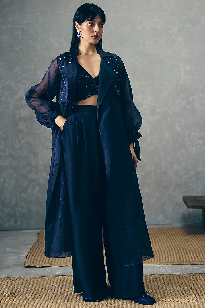 Navy Blue Pure Organza Embroidered Jacket Set by Paulmi & Harsh at Pernia's Pop Up Shop