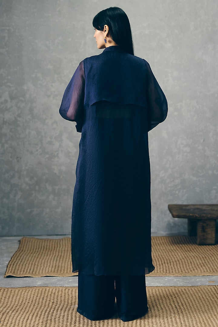 Navy Blue Pure Organza Embroidered Jacket Set by Paulmi & Harsh at Pernia's Pop Up Shop