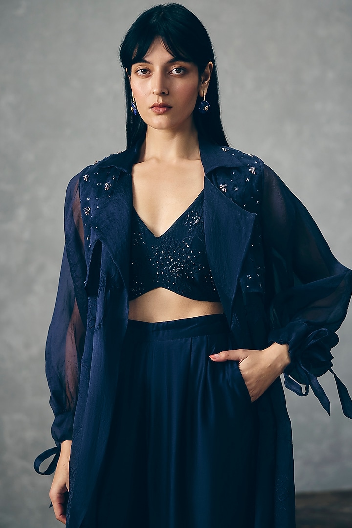 Navy Blue Pure Organza Embroidered Jacket Set by Paulmi & Harsh at Pernia's Pop Up Shop