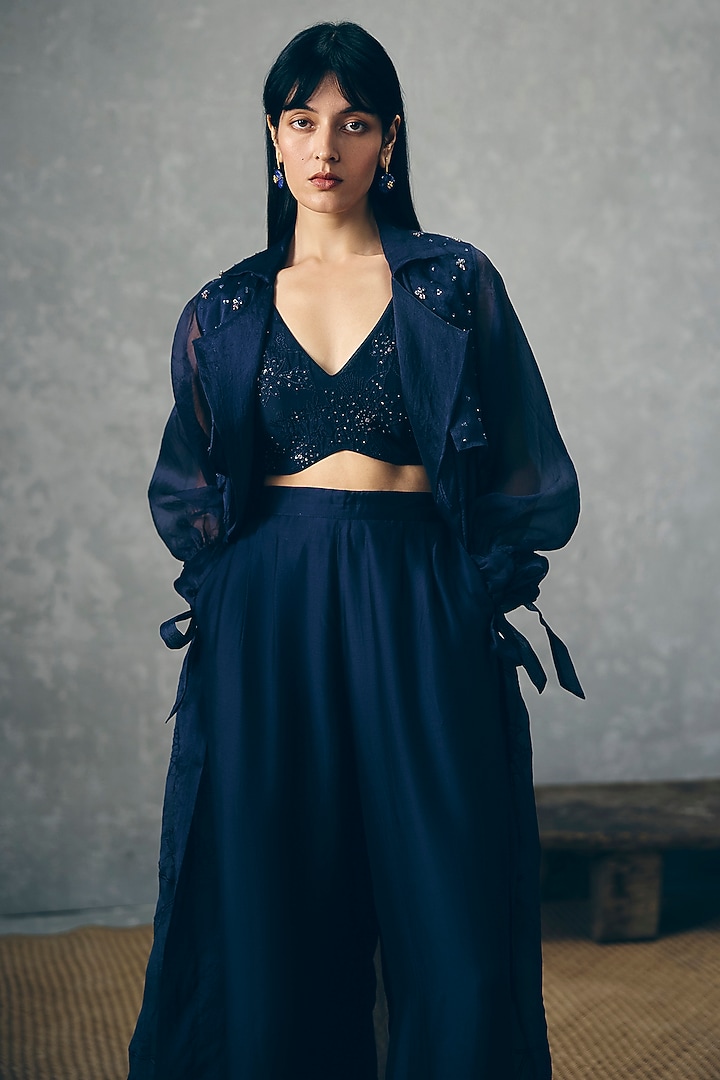 Navy Blue Pure Organza Embroidered Jacket Set by Paulmi & Harsh at Pernia's Pop Up Shop