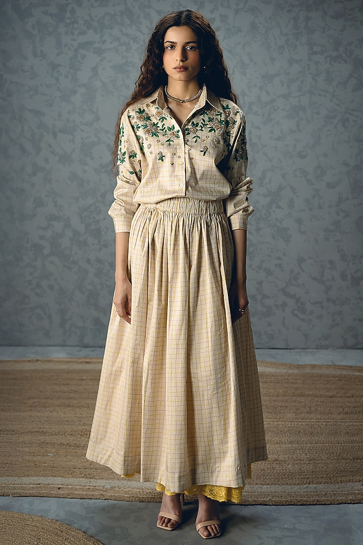 Ivory Satin Lycra Checkered Printed Skirt Set by Paulmi & Harsh at Pernia's Pop Up Shop