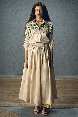 Ivory Satin Lycra Checkered Printed Skirt Set by Paulmi & Harsh