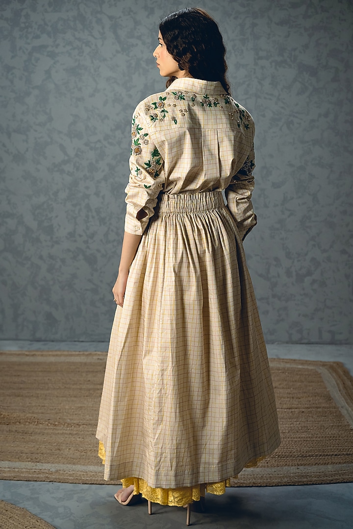Ivory Satin Lycra Checkered Printed Skirt Set by Paulmi & Harsh at Pernia's Pop Up Shop