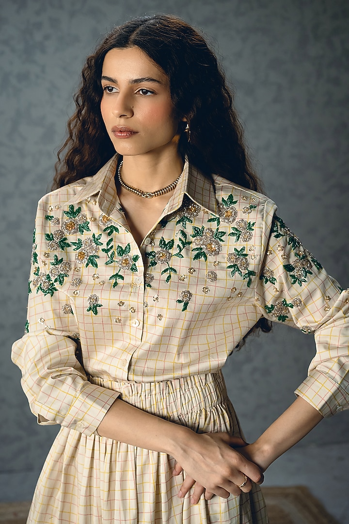 Ivory Satin Lycra Checkered Printed Skirt Set by Paulmi & Harsh at Pernia's Pop Up Shop