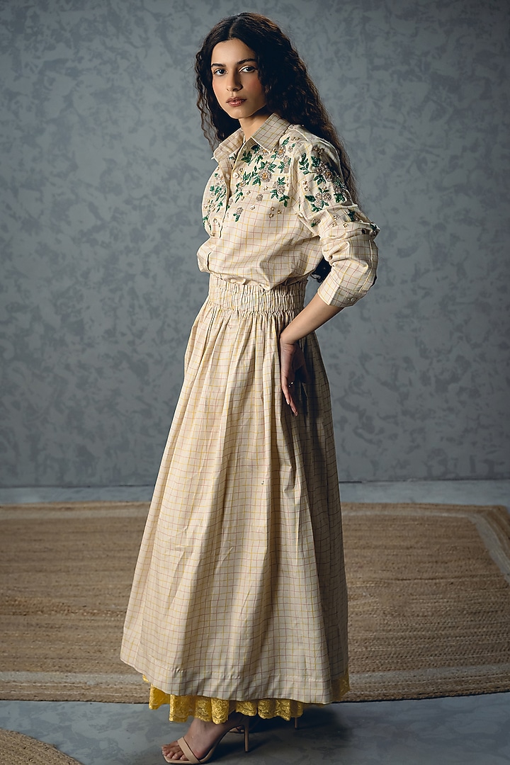 Ivory Satin Lycra Checkered Printed Skirt Set by Paulmi & Harsh at Pernia's Pop Up Shop