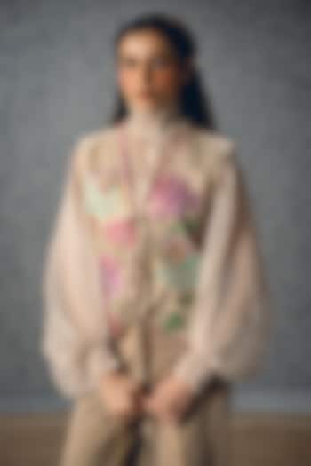 Ivory Satin Lycra Floral Printed Jacket by Paulmi & Harsh at Pernia's Pop Up Shop