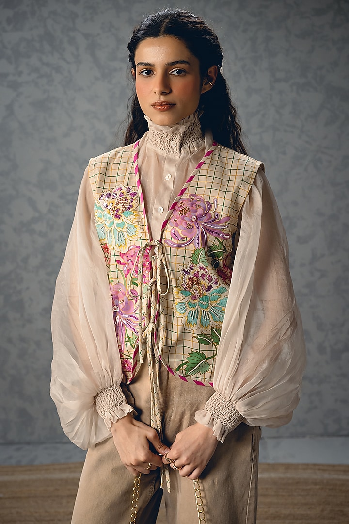 Ivory Satin Lycra Floral Printed Jacket by Paulmi & Harsh at Pernia's Pop Up Shop