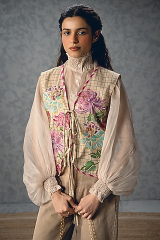 Ivory Satin Lycra Floral Printed Jacket by Paulmi & Harsh