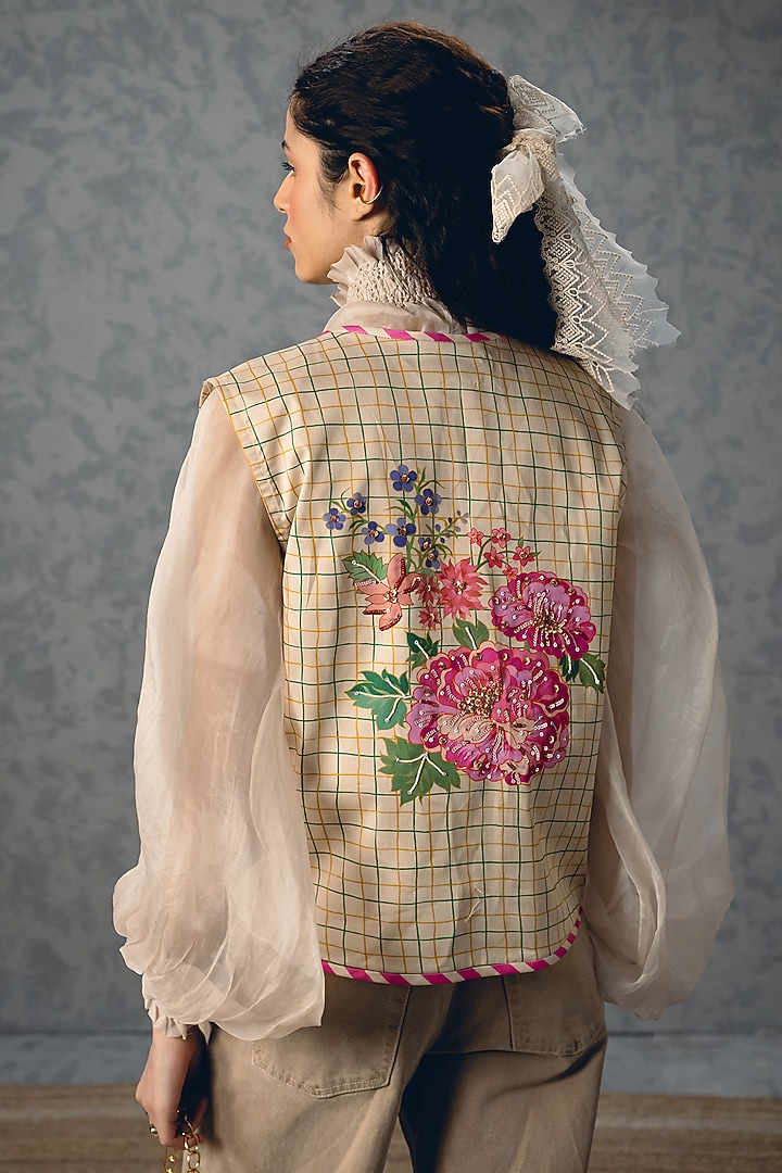 Ivory Satin Lycra Floral Printed Jacket by Paulmi & Harsh at Pernia's Pop Up Shop