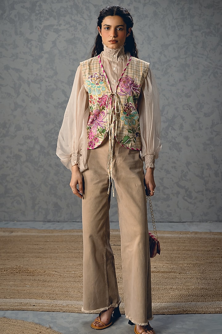 Ivory Satin Lycra Floral Printed Jacket by Paulmi & Harsh at Pernia's Pop Up Shop