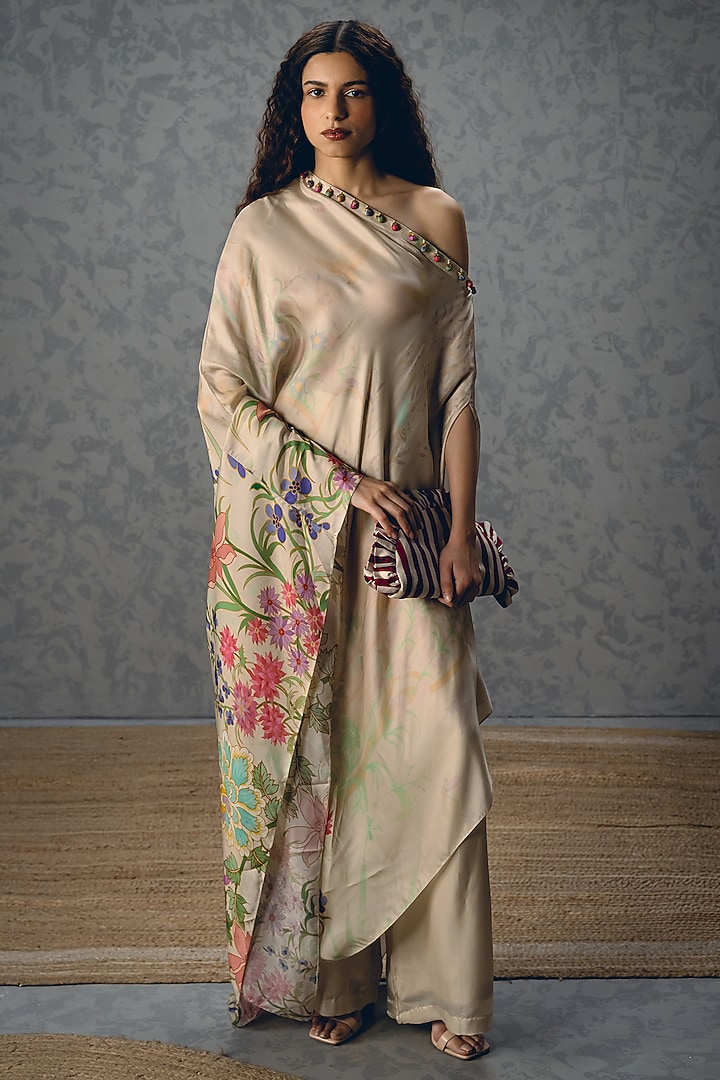 Ivory Japan Satin Printed Co-Ord Set by Paulmi & Harsh at Pernia's Pop Up Shop