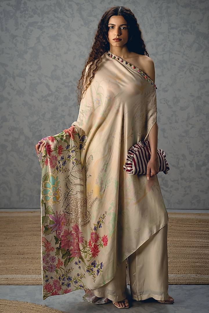 Ivory Japan Satin Printed Co-Ord Set by Paulmi & Harsh at Pernia's Pop Up Shop
