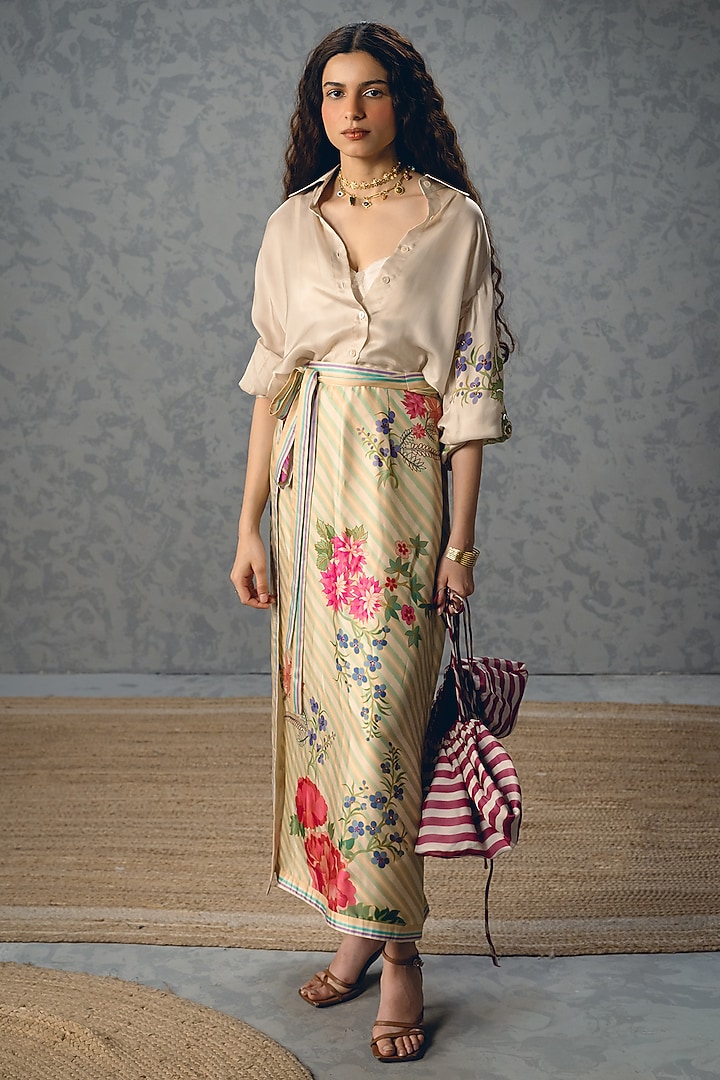 Off-White Japan Satin Printed Wrap Skirt Set by Paulmi & Harsh at Pernia's Pop Up Shop