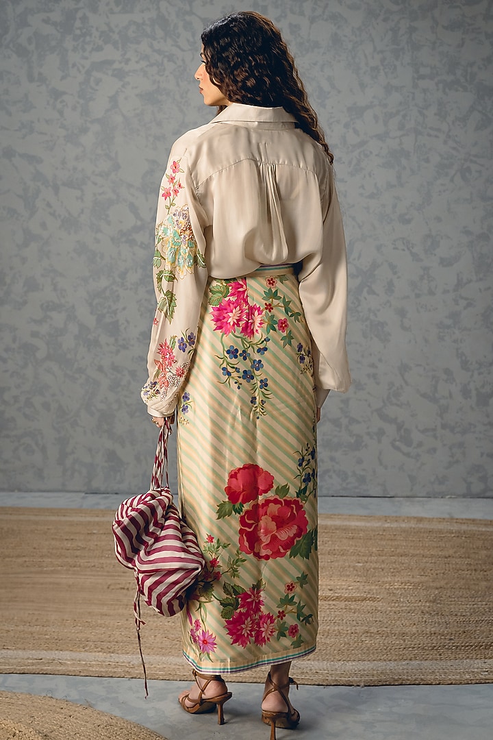 Off-White Japan Satin Printed Wrap Skirt Set by Paulmi & Harsh at Pernia's Pop Up Shop