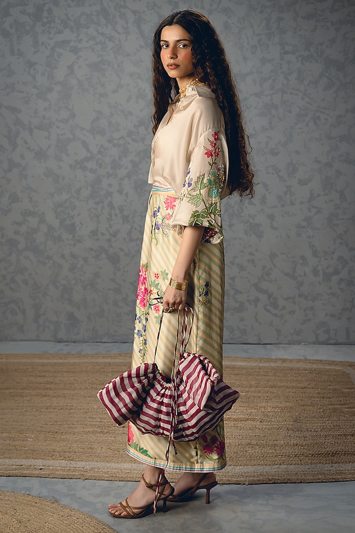 Off-White Japan Satin Printed Wrap Skirt Set by Paulmi & Harsh at Pernia's Pop Up Shop