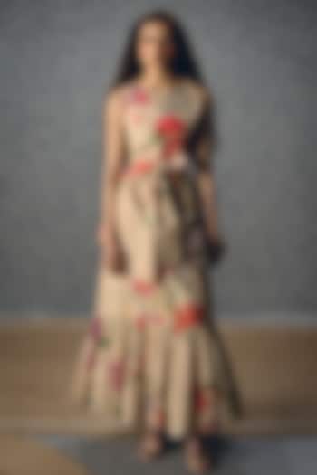 Off-White Poplin Floral Printed Gathered Maxi Summer Dress by Paulmi & Harsh at Pernia's Pop Up Shop