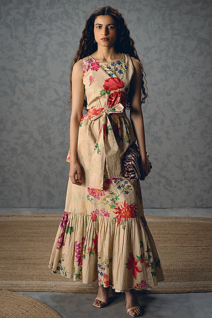 Off-White Poplin Floral Printed Gathered Maxi Summer Dress by Paulmi & Harsh at Pernia's Pop Up Shop