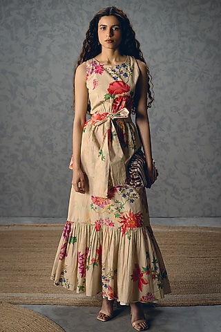 Off-White Poplin Floral Printed Gathered Maxi Dress by Paulmi & Harsh