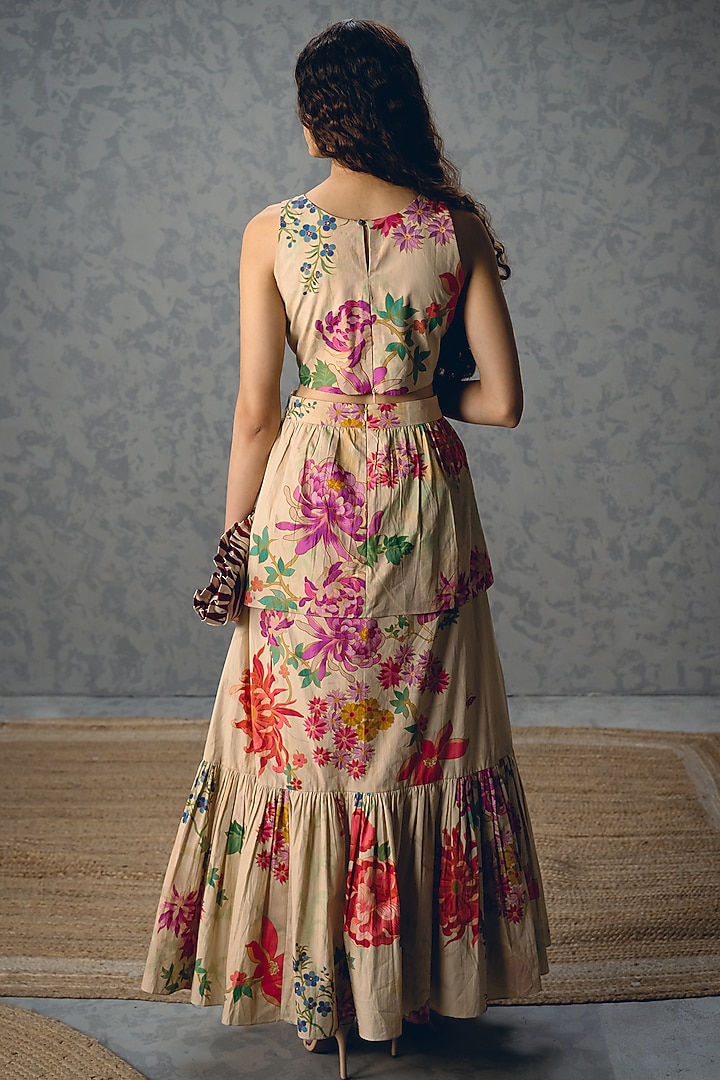 Off-White Poplin Floral Printed Gathered Maxi Summer Dress by Paulmi & Harsh at Pernia's Pop Up Shop