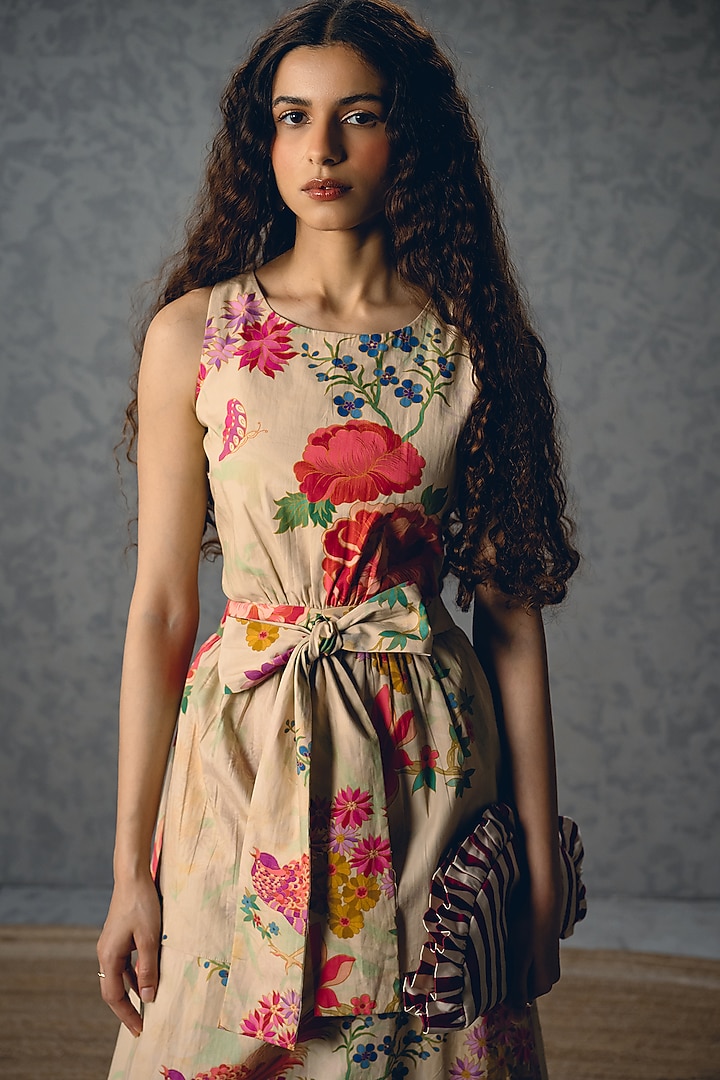 Off-White Poplin Floral Printed Gathered Maxi Summer Dress by Paulmi & Harsh at Pernia's Pop Up Shop