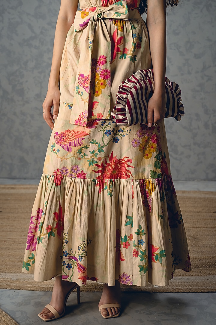 Off-White Poplin Floral Printed Gathered Maxi Summer Dress by Paulmi & Harsh at Pernia's Pop Up Shop