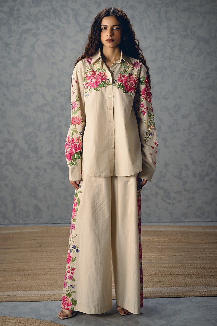 Ivory Poplin Printed Co-Ord Set by Paulmi & Harsh at Pernia's Pop Up Shop