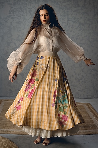 Yellow & Ivory Modal Silk Checkered Printed Skirt Set by Paulmi & Harsh