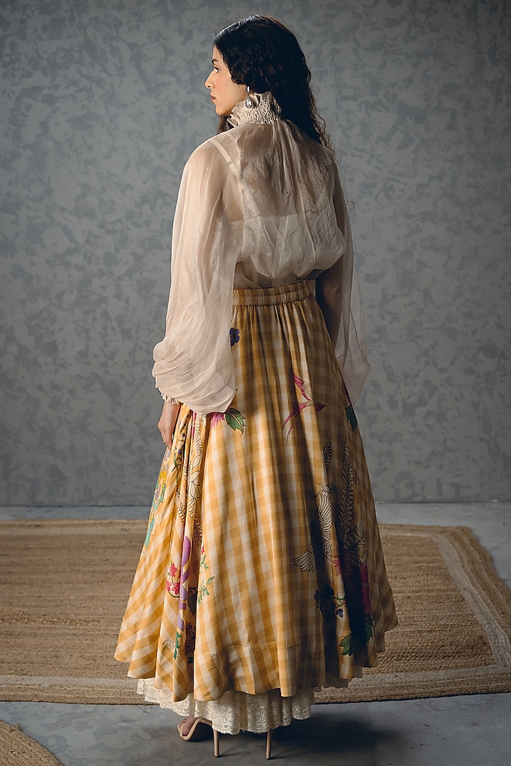 Yellow & Ivory Modal Silk Checkered Printed Skirt Set by Paulmi & Harsh at Pernia's Pop Up Shop