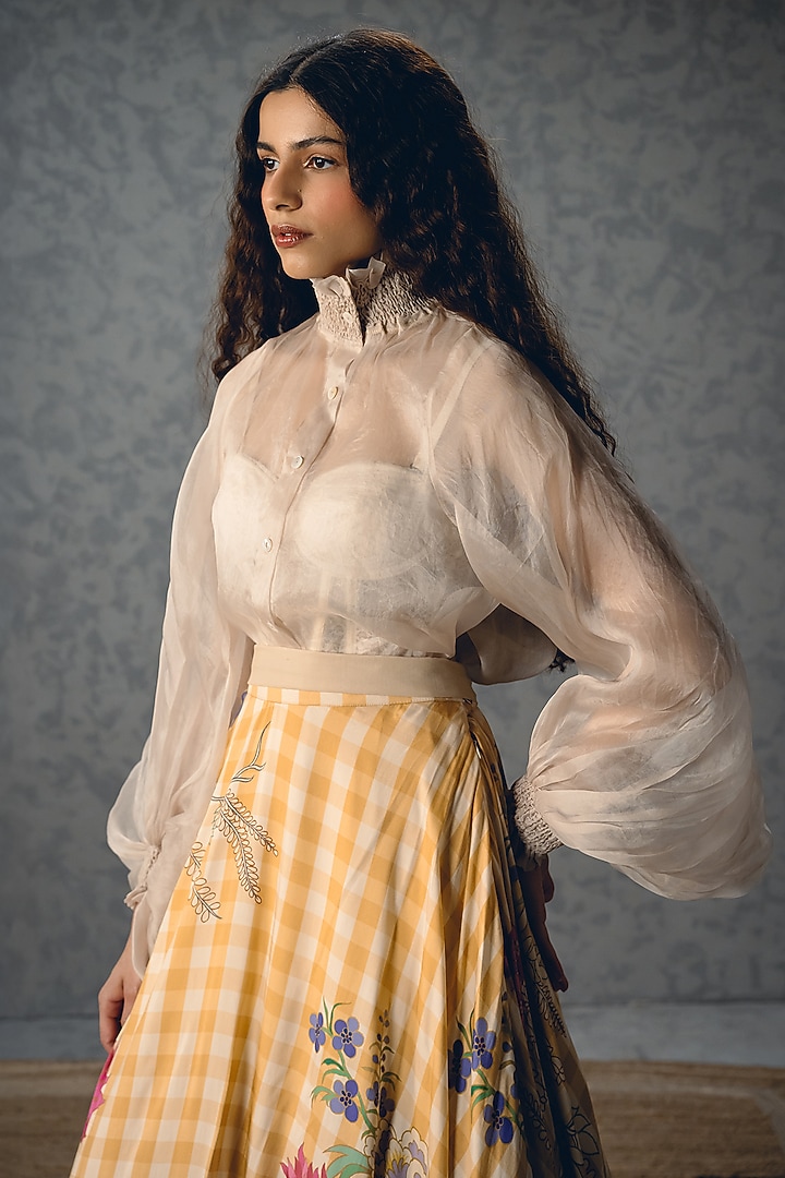 Yellow & Ivory Modal Silk Checkered Printed Skirt Set by Paulmi & Harsh at Pernia's Pop Up Shop
