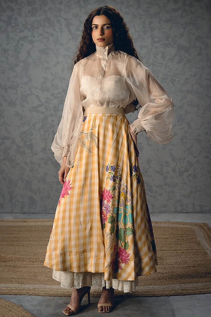 Yellow & Ivory Modal Silk Checkered Printed Skirt Set by Paulmi & Harsh at Pernia's Pop Up Shop