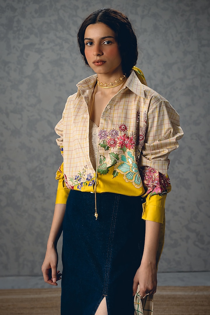 Ivory & Yellow Satin Lycra Floral Printed Shirt by Paulmi & Harsh at Pernia's Pop Up Shop