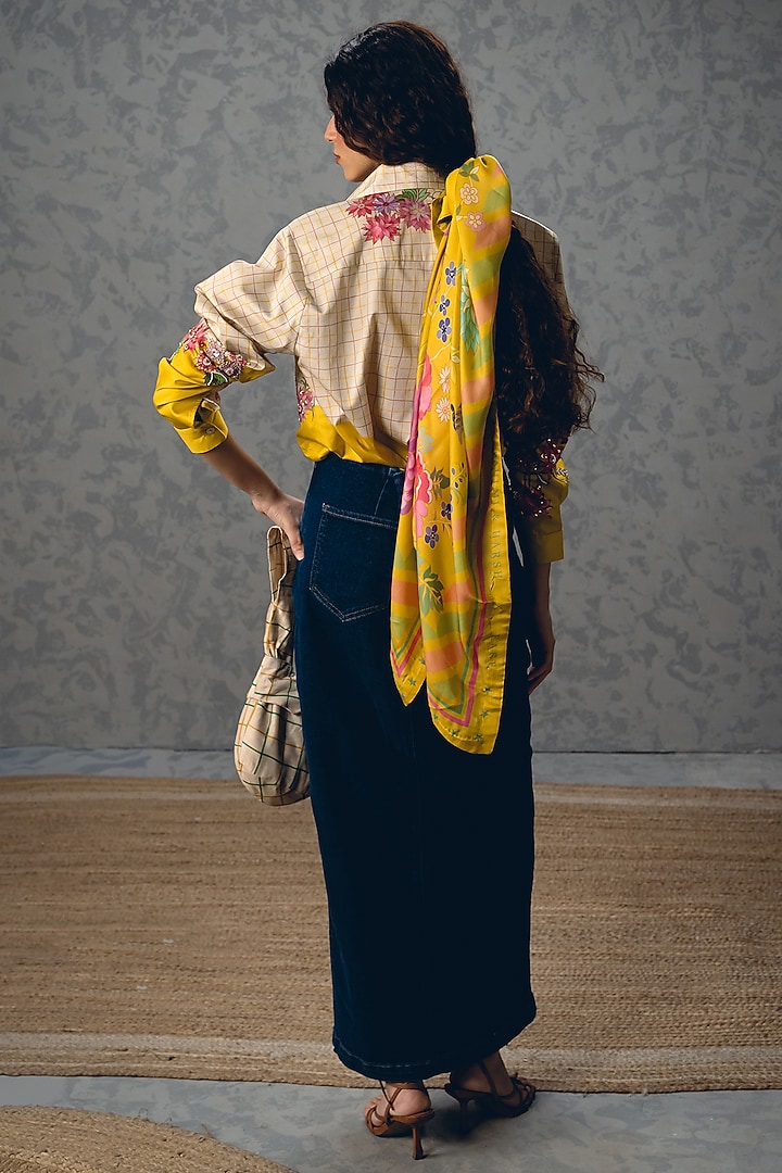 Ivory & Yellow Satin Lycra Floral Printed Shirt by Paulmi & Harsh at Pernia's Pop Up Shop