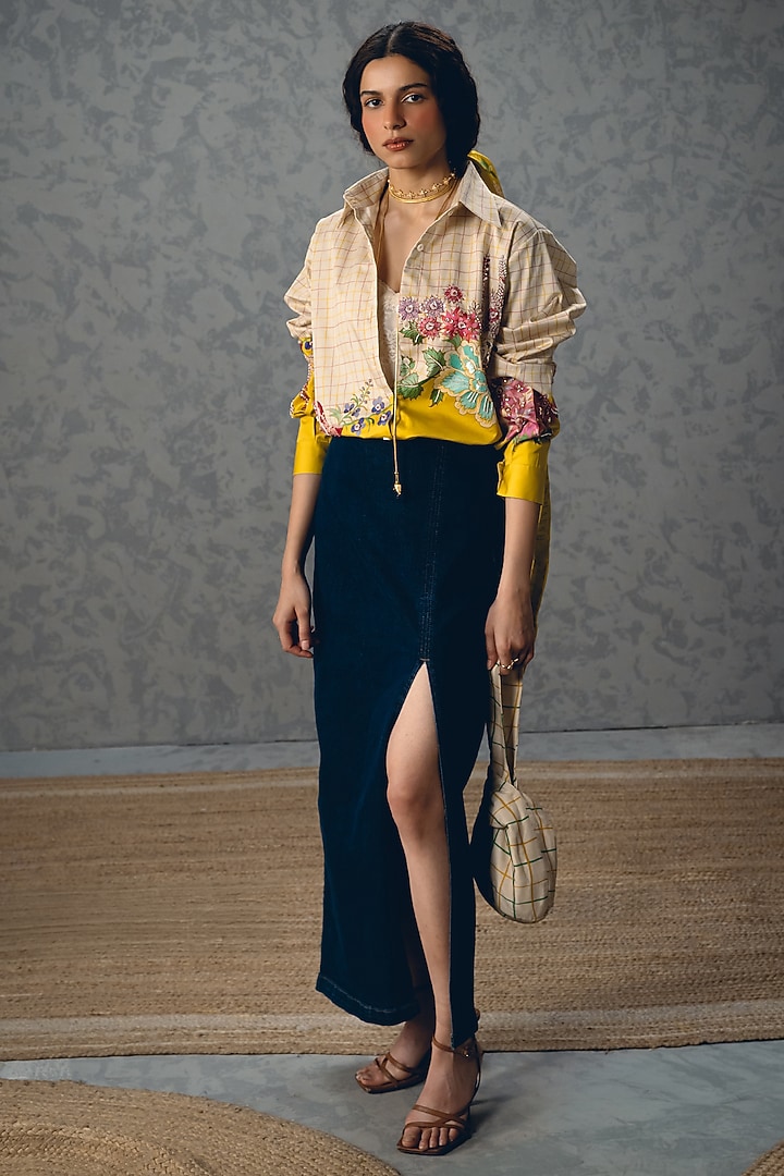 Ivory & Yellow Satin Lycra Floral Printed Shirt by Paulmi & Harsh at Pernia's Pop Up Shop