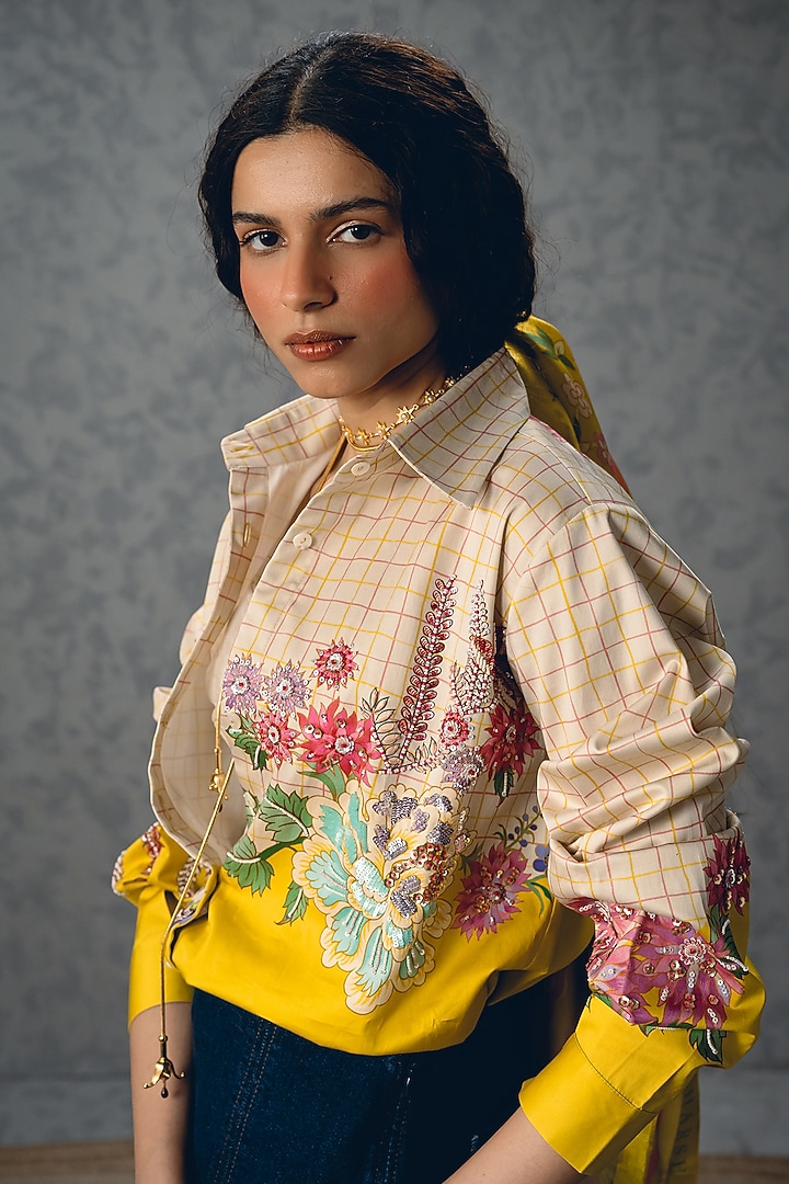 Ivory & Yellow Satin Lycra Floral Printed Shirt by Paulmi & Harsh at Pernia's Pop Up Shop