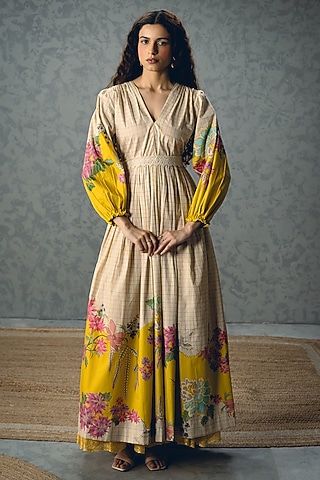 Ivory Poplin Floral Printed Maxi Dress by Paulmi & Harsh