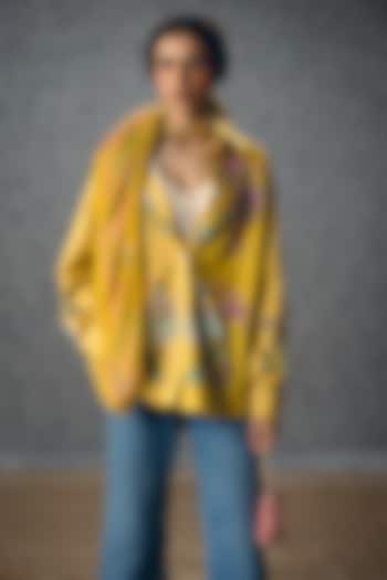 Yellow Satin Lycra Floral Printed Shirt by Paulmi & Harsh at Pernia's Pop Up Shop