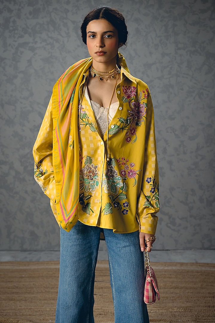 Yellow Satin Lycra Floral Printed Shirt by Paulmi & Harsh at Pernia's Pop Up Shop