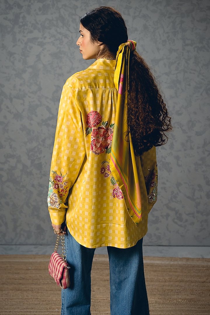 Yellow Satin Lycra Floral Printed Shirt by Paulmi & Harsh at Pernia's Pop Up Shop