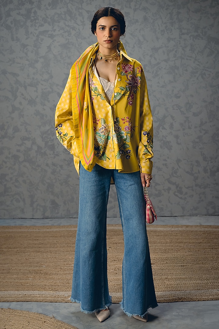 Yellow Satin Lycra Floral Printed Shirt by Paulmi & Harsh at Pernia's Pop Up Shop