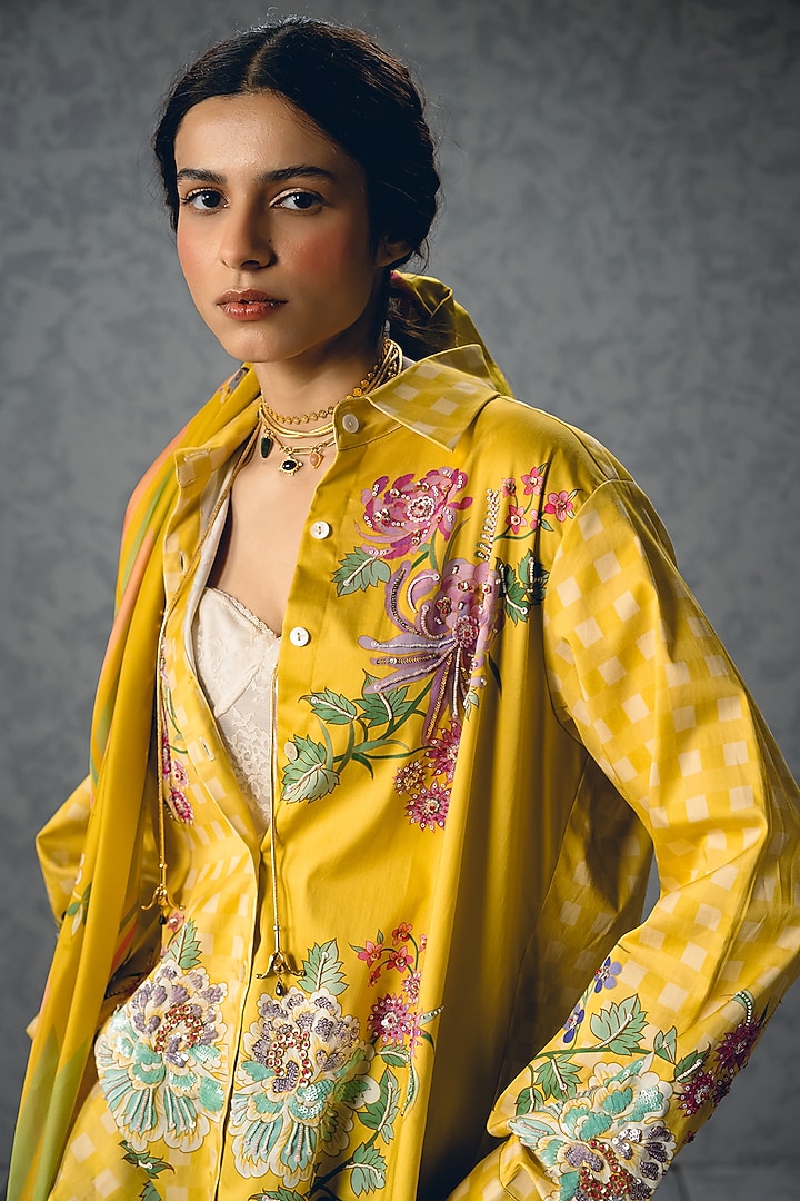 Yellow Satin Lycra Floral Printed Shirt by Paulmi & Harsh at Pernia's Pop Up Shop