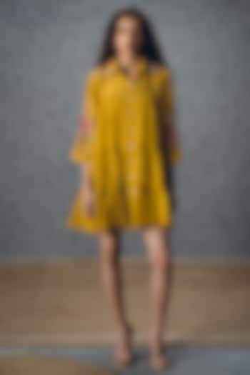 Mustard Yellow Silk Organza Printed Mini Vacation Dress by Paulmi & Harsh at Pernia's Pop Up Shop