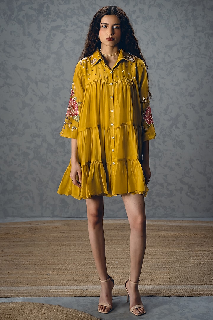Mustard Yellow Silk Organza Printed Mini Vacation Dress by Paulmi & Harsh at Pernia's Pop Up Shop