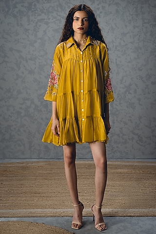 Mustard Yellow Silk Organza Printed Mini Dress by Paulmi & Harsh