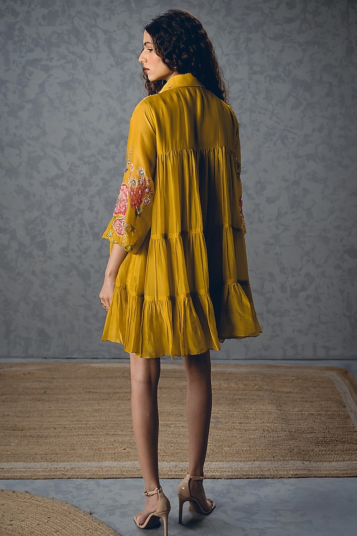 Mustard Yellow Silk Organza Printed Mini Vacation Dress by Paulmi & Harsh at Pernia's Pop Up Shop