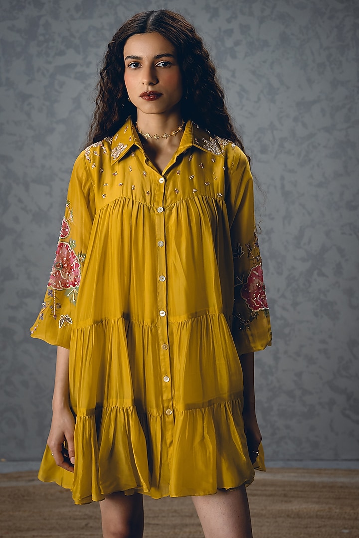 Mustard Yellow Silk Organza Printed Mini Vacation Dress by Paulmi & Harsh at Pernia's Pop Up Shop